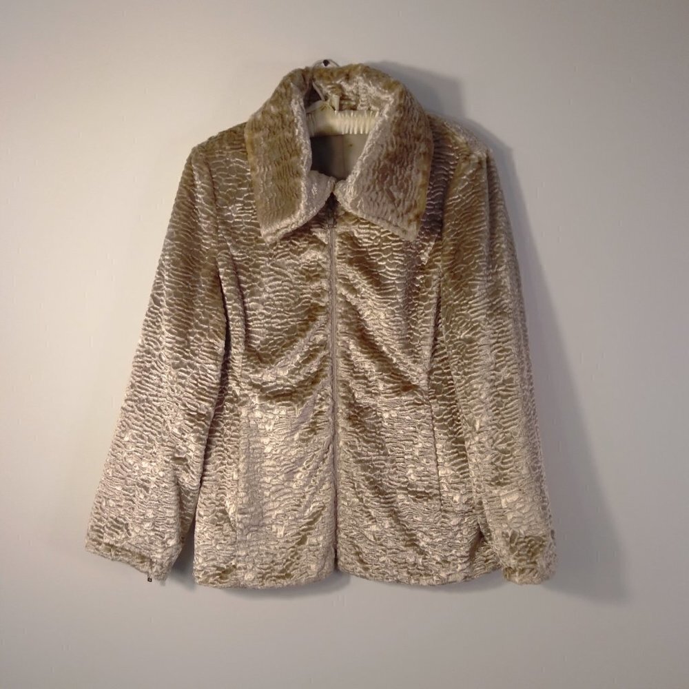 Vintage Glam Golden Champagne Faux Fur Persian Lamb Reversible Rain Jacket SzPS